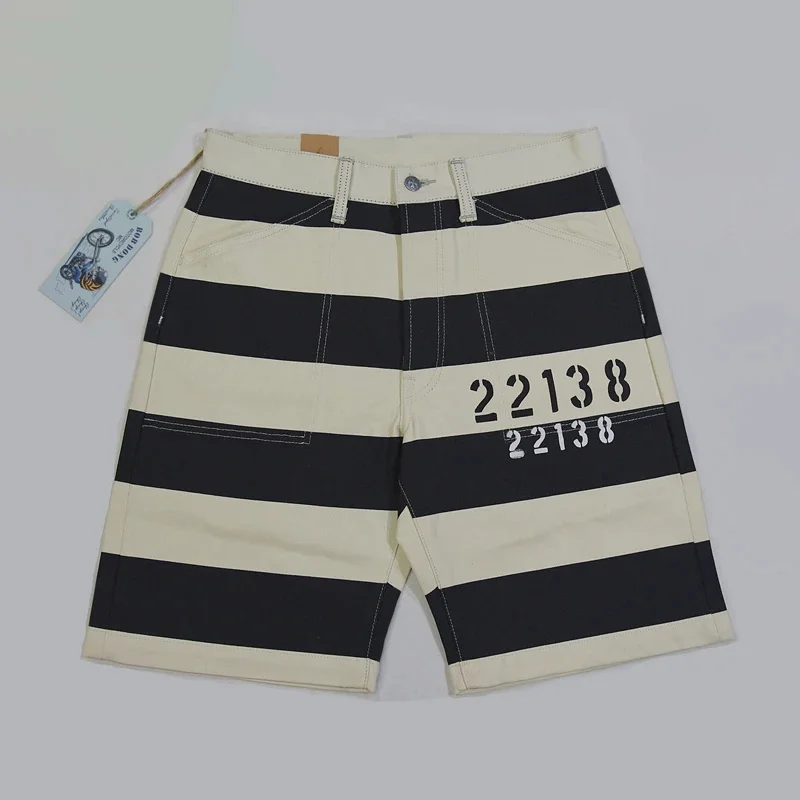 

BOB DONG Vintage Prisoner Style 22138 Print Shorts 16oz Motorcycle Striped Pants