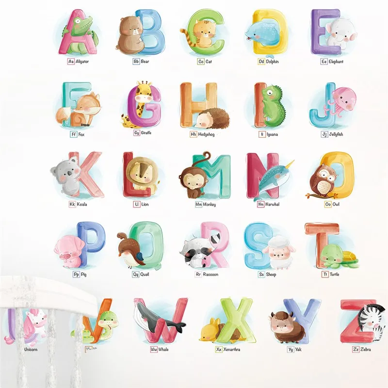 

Cute Animals With Letters Wall Stickers For Kids Room Home Decoration Diy English Alphabet Mural Art Pvc Decals Nursery Posters