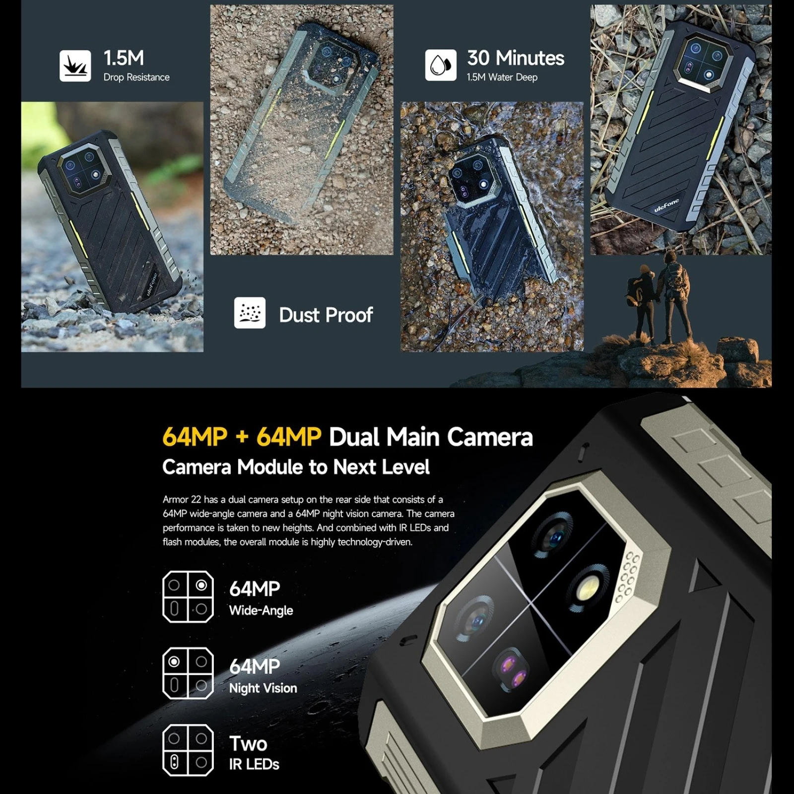 Ulefone Armor 22 Rugged Android 13 Mobile Phone 8GB+128/256GB Global Smartphone 6600mAh 64MP Night Vision Camera World Premiere