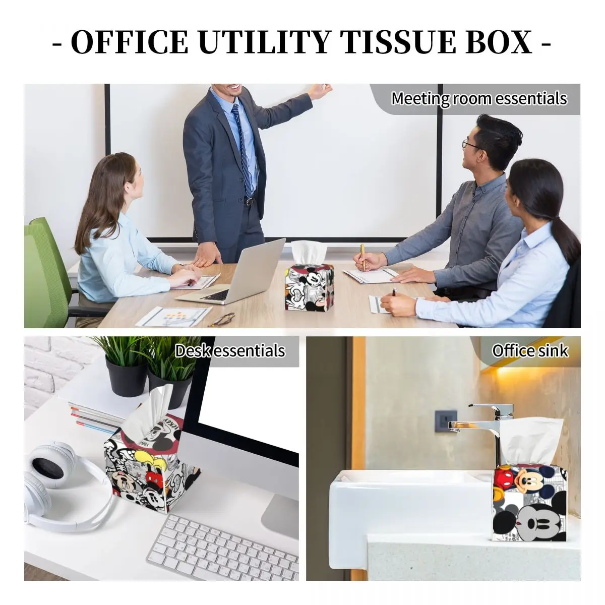 Custom Comics Mickey Mouse Tissue Box Cover for Bathroom Toilet Cartoon Square PU Leather Facial Tissue Box Holder 6