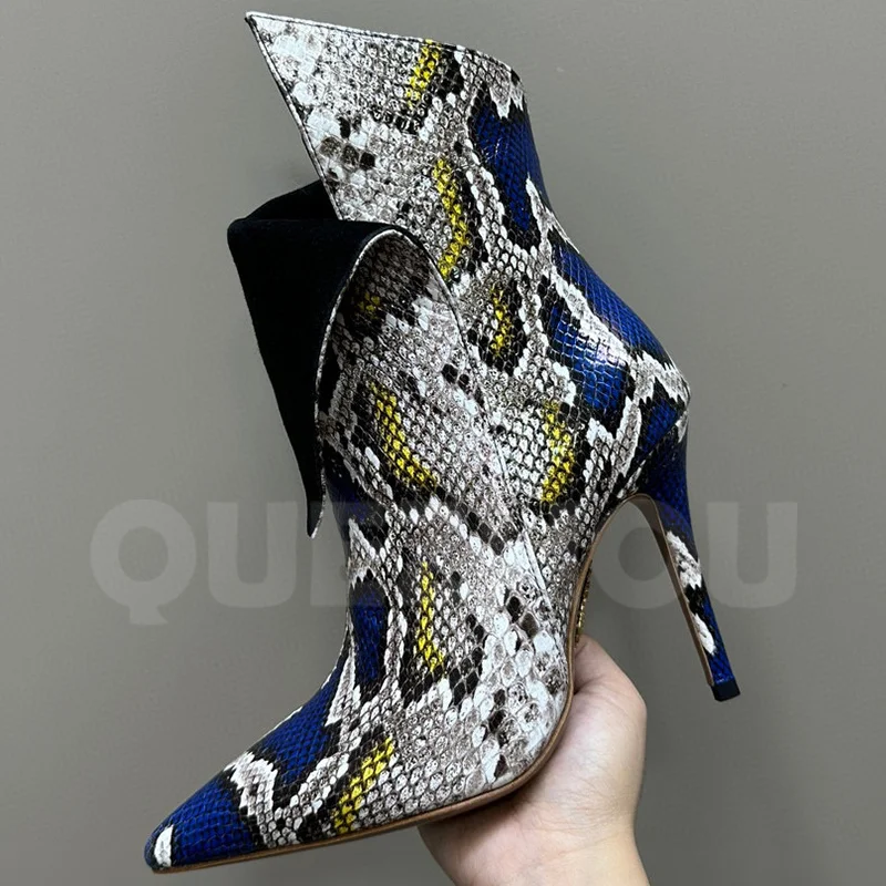 

Women Ankle Boots Spring Autumn Crystal Decor Upper Pointed Toe Mixed Colors Super High Heel Short Boots Personality Female Shoe