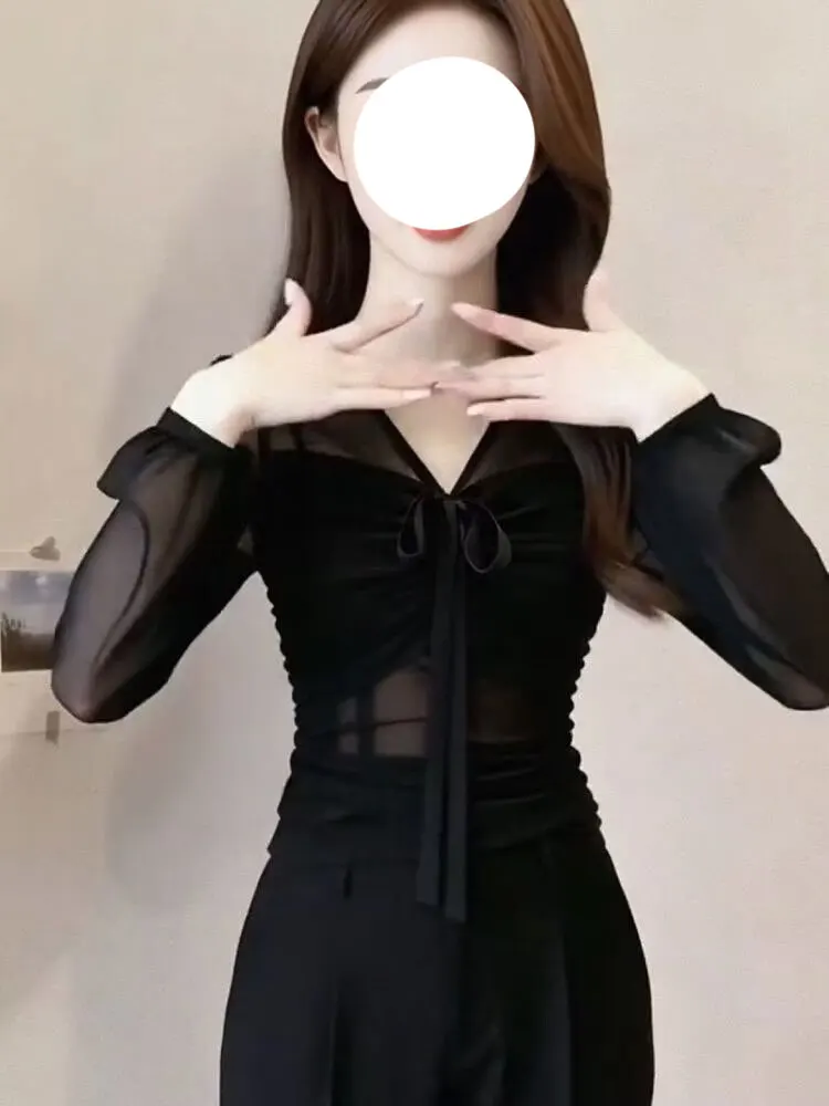 세련된 주름 장식 벨트 긴팔 V넥 슬리밍 셔츠 여성용 아름다운 스타일리쉬 탑 봄 여름 신상품