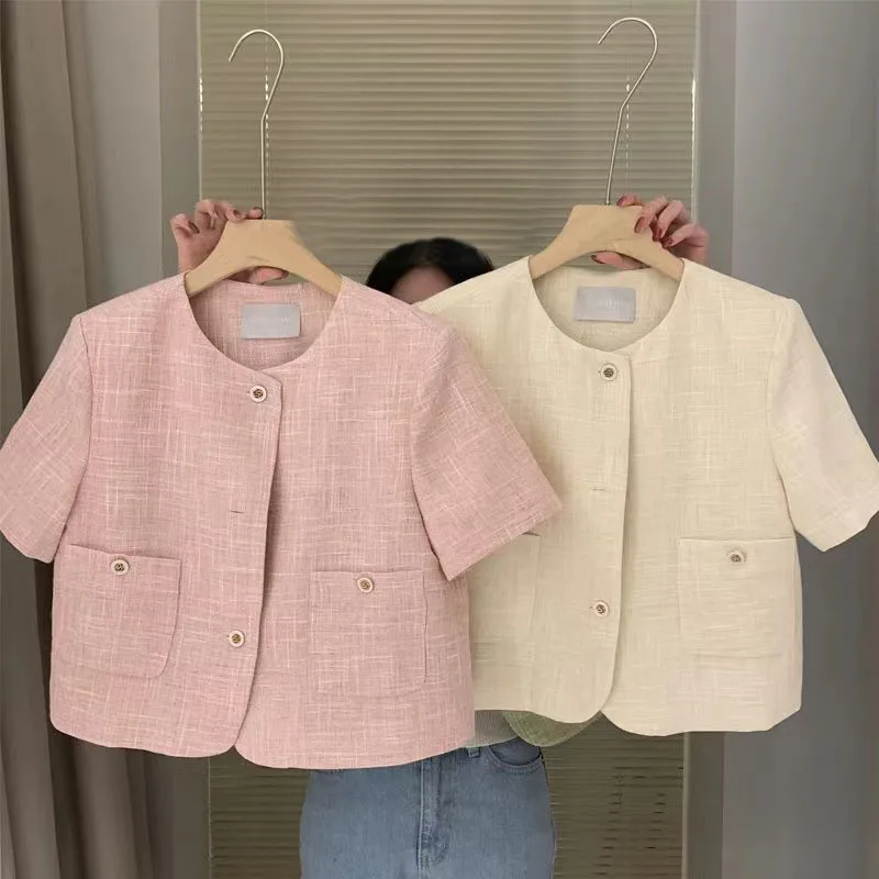 

Summer Chic Small Fragrant Tweed Coat Women O-Neck Short Sleeve Short Jackets Korean Fashion New Female Outerwear Crop Coat Tops