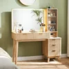 T4TREAM 48" Fluted Makeup Vanity Desk with Large 36" Mirror Lights Modern Glass Top Big Table 5 Drawers Adjustable Shelves Oak 1