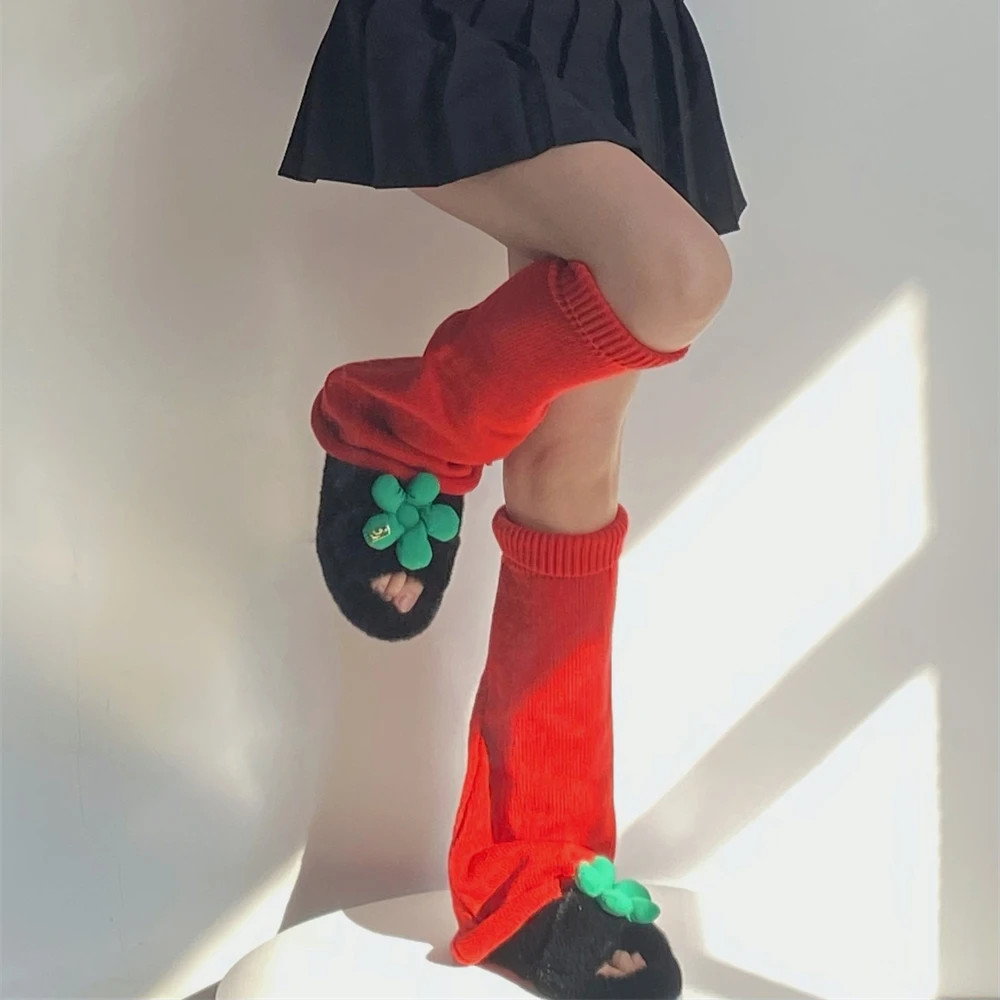Women's Red Leg Warmers Long Wool Knitted Foot Cover Fashion Winter Leggings Socks Japanese Y2K Boot Cuffs Cosplay Accessories