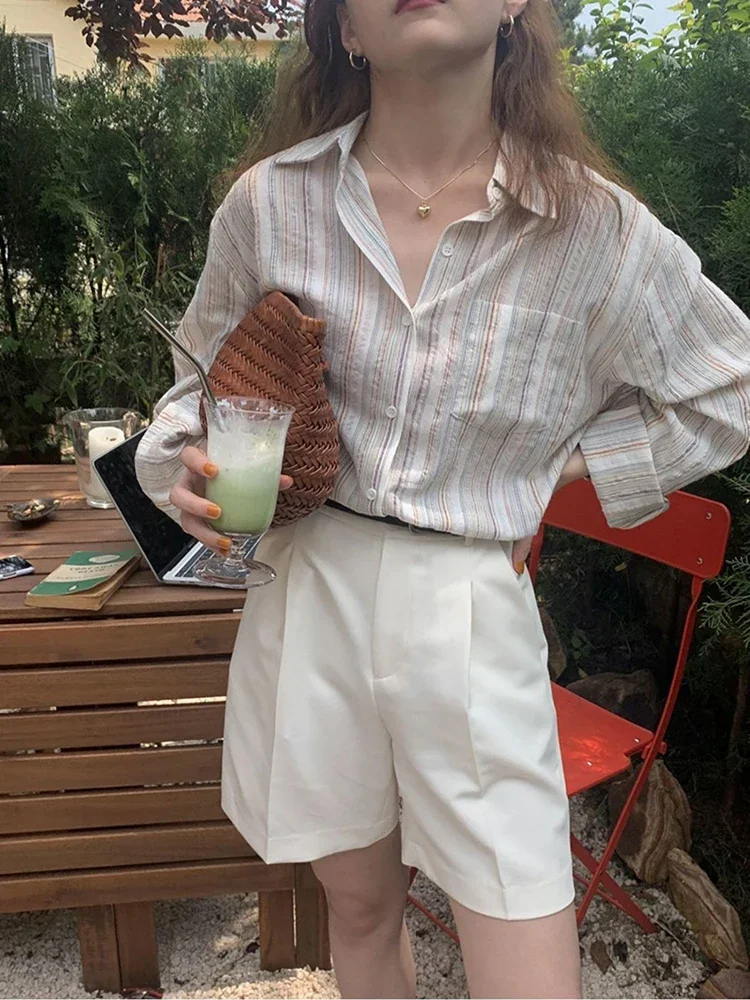Jmprs 한국 빈티지 스트라이프 여성 셔츠, 긴 소매 디자인, 코튼 루즈 버튼 업 셔츠, 오버사이즈 여성 상의, 여름 신상