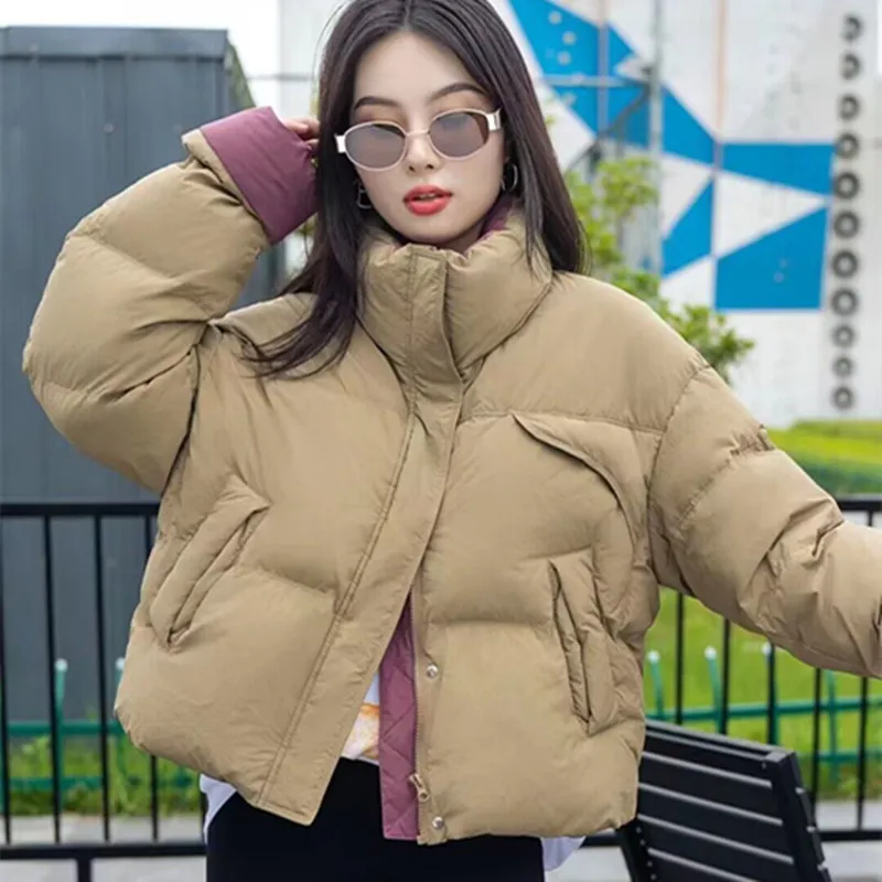 White goose down down jacket new women's short color contrast thickened casual style standing collar bread jacket warm jacket