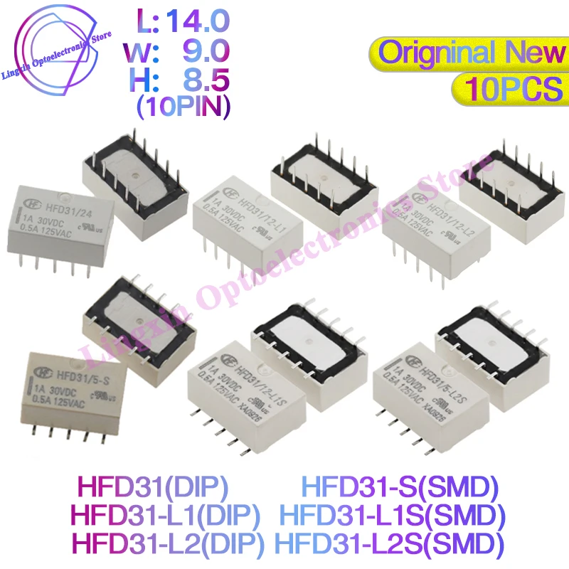 Relé Subminiature do Sinal de Hfd31 Dc5v 12v 24v s -l1 -l2 -l2s -l1s h Fd31 12-l2s Hfd31 24-l1s 0.5a 125vac 10pin Smd Mergulho