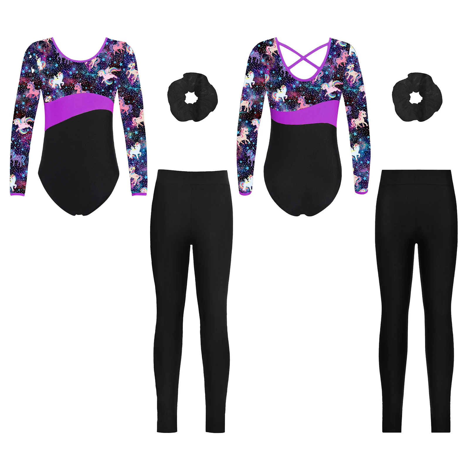 TiaoBug Kids Girls 6 to 14 Years Gymnastics Dance Set Printed Leotard with Elastic Waistband Leggings and Headband for Training