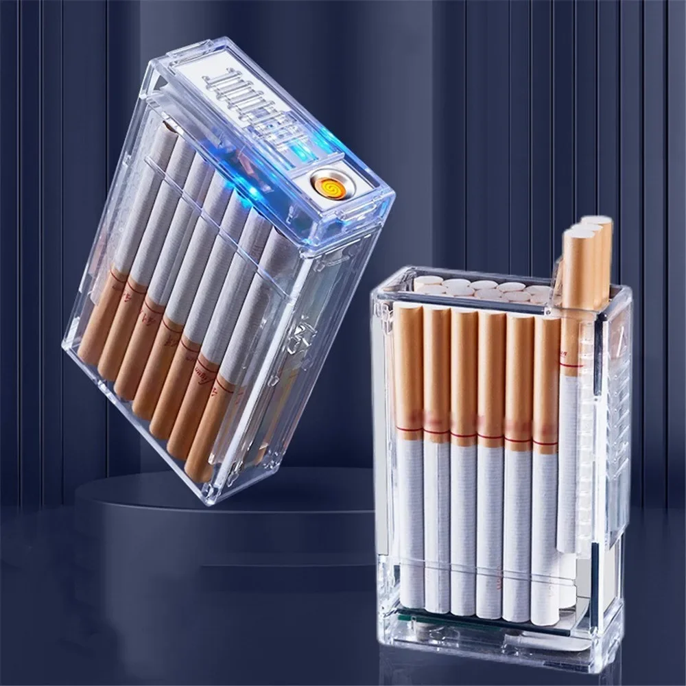 TransparentCigaretteCaseWithUSBLighterHolds20pcsAcrylic