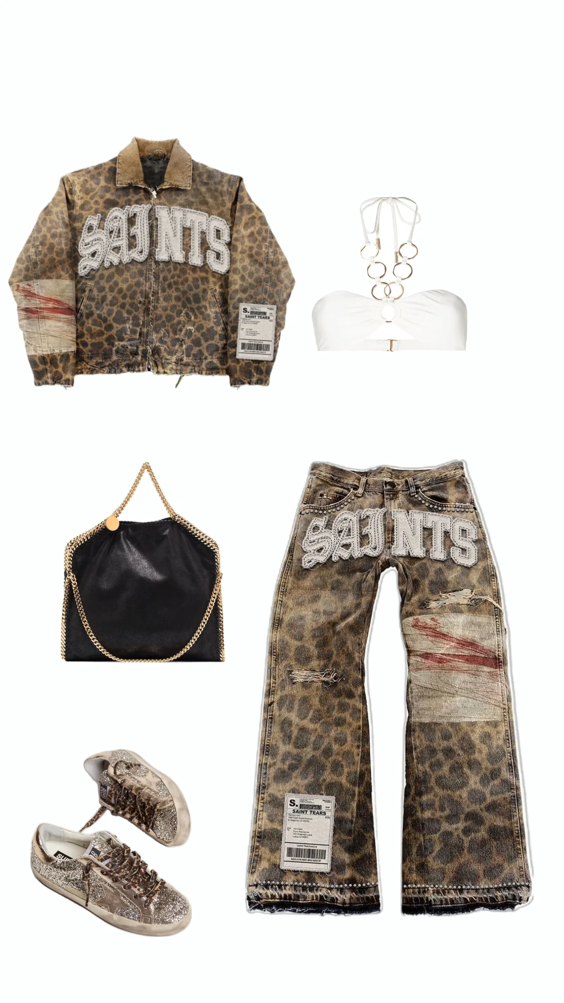 Vintage Leopard Print Menswear Y2K Two Piece Zipper Jacket Ripped Gothic Jeans Tracksuit Men's Patchwork Streetwear