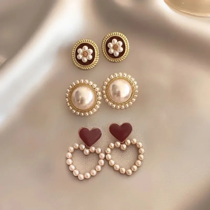 Earrings Vintage Dripping Oil Wine Red Retro Stud Earrings Women Korean Pearl Flower Heart Shape Geometric High Sense Jewelry
