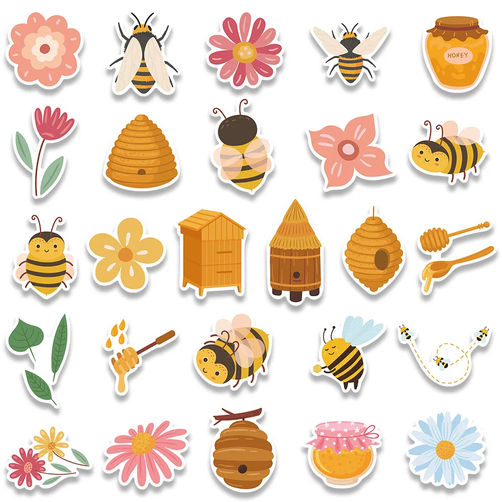 50pcs Cute Cartoon Honey Bee Flower Stickers For Luggage Guitar Phone Skateboard Waterproof Graffiti Laptop Decals Kids Toy