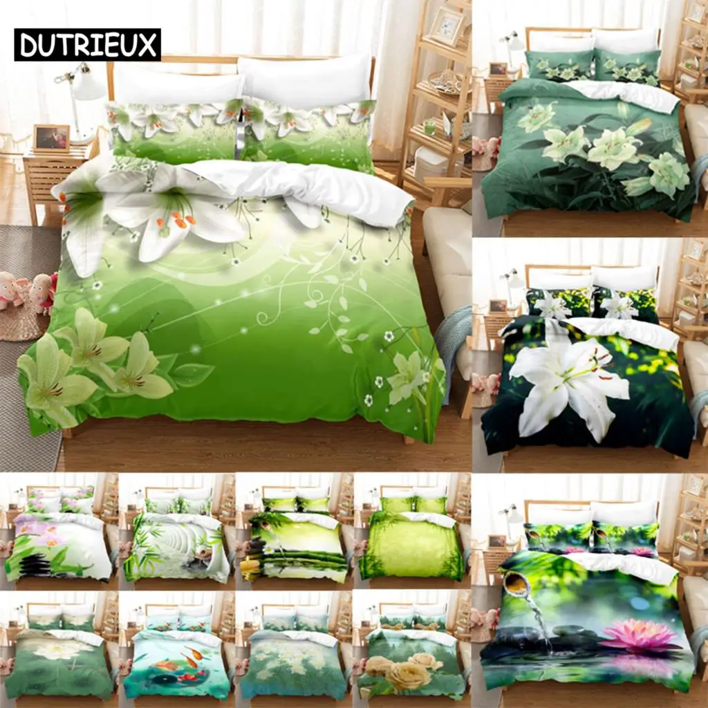 

Green Flower Duvet Cover Set Double Bed With Pillowcase Lotus Bedding Set King Size 3pcs 2pcs Single Twin Full 200x200 220x240cm