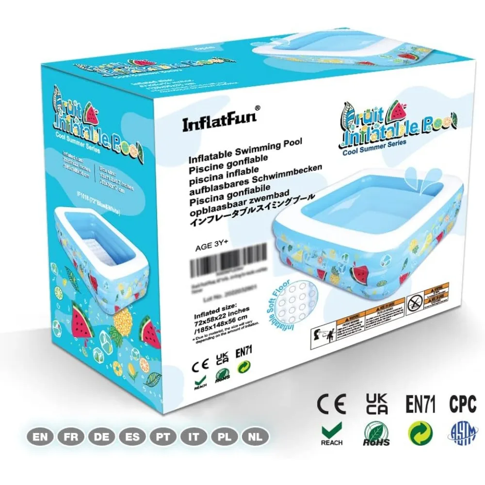 Kiddie Pool, 72"&times;58"&times;22" Inflatable with Inflatable Soft Floor, Cool Summer Swimming for Kids and Family, Blow Up