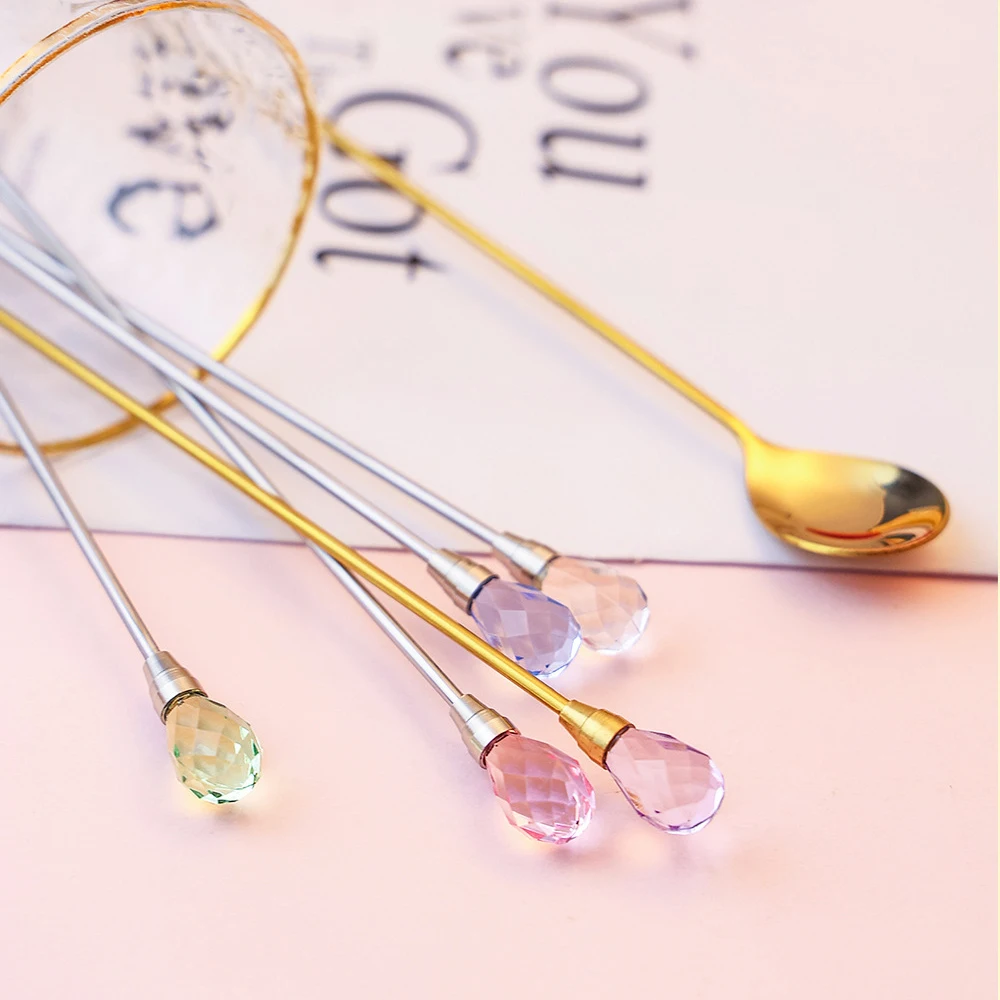 Crystal Spoon Set stainless steel spoon tea spoon Long Handle 430 Stainless Steel for Dessert Ice Cream Coffee Cocktail 5pcs