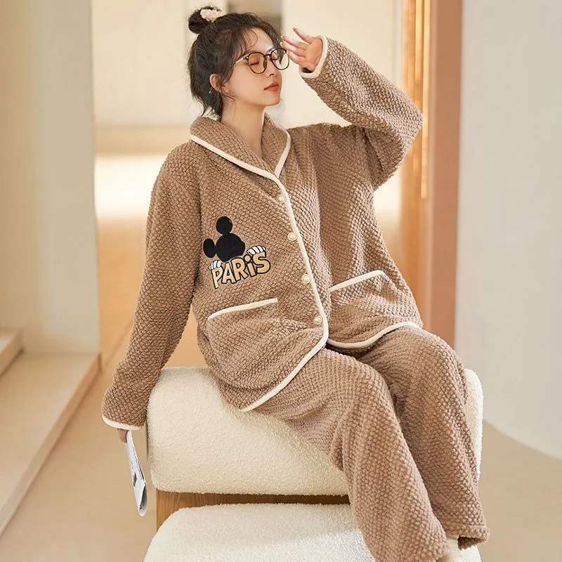 2024 New Autumn Winter Sleepwear Coral Velvet Pajamas Women Plush Warm Homewear Set V-neck Warm Ice Cream Velvet Loungewear