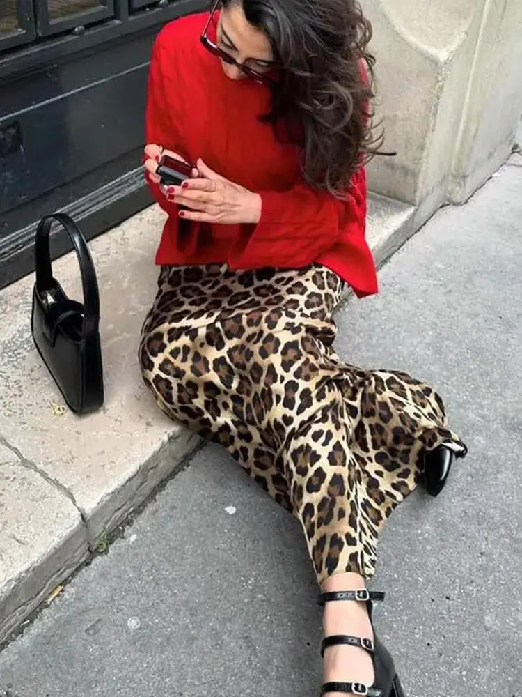 HH Women Vintage Leopard Print Skirts Summer High Waist Side Zipper Slim Skirts Female Fashion Streetwear Midi Skirt