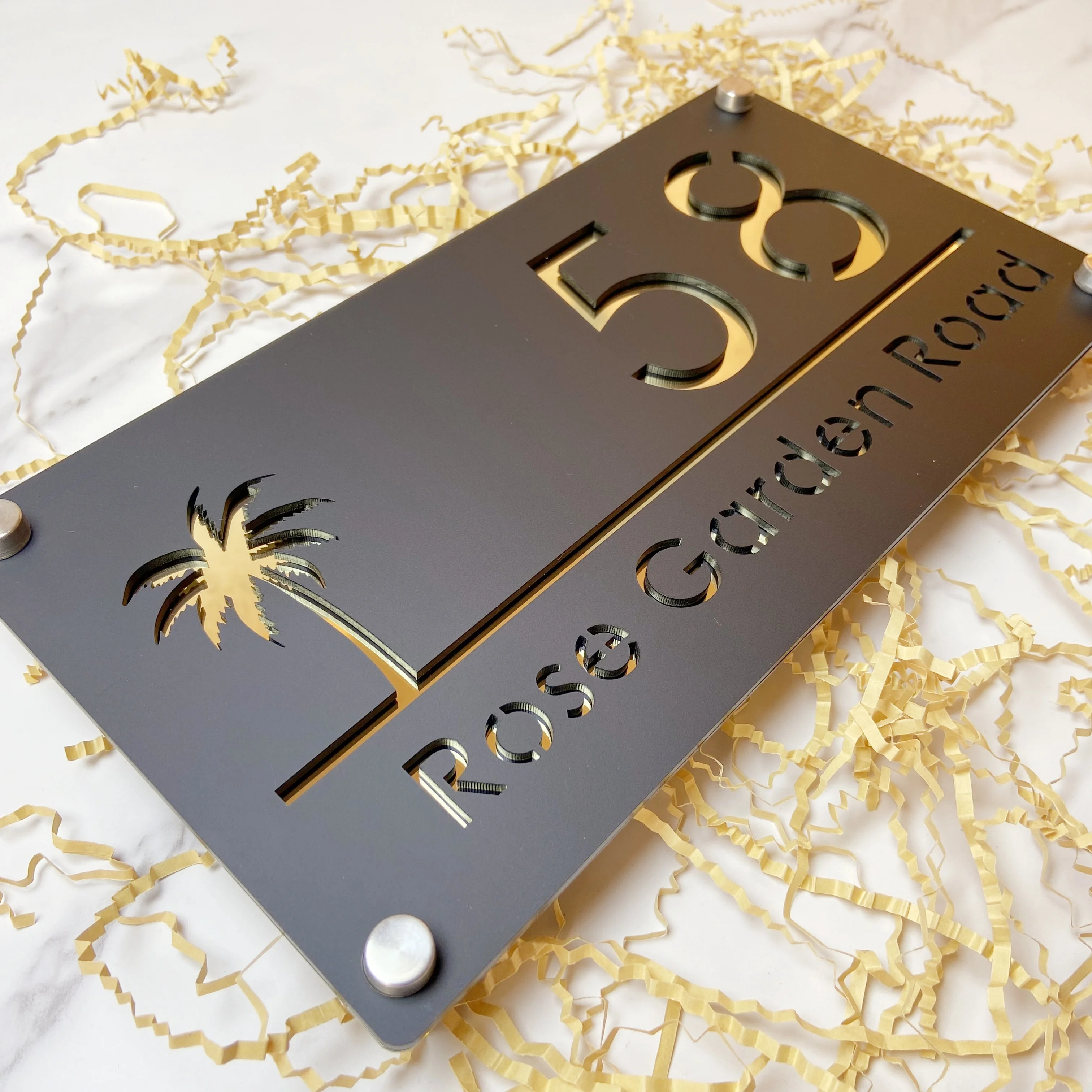 Personalized 3D Acrylic House Number Sign Custom Address Plate Modern Coconut Tree Design Weatherproof Outdoor Name Plaque Sign house number signs,house numbers,number plate,house wall plaques