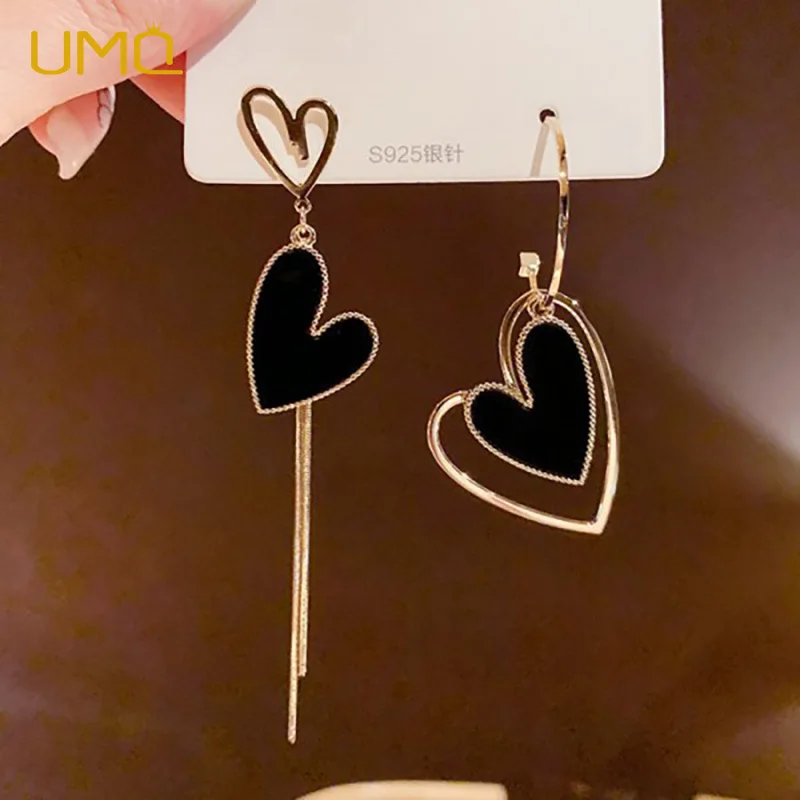 

UMQ позолоченные черные серьги в форме сердца для женщин, длинные висячие серьги, модные ювелирные изделия, подарки