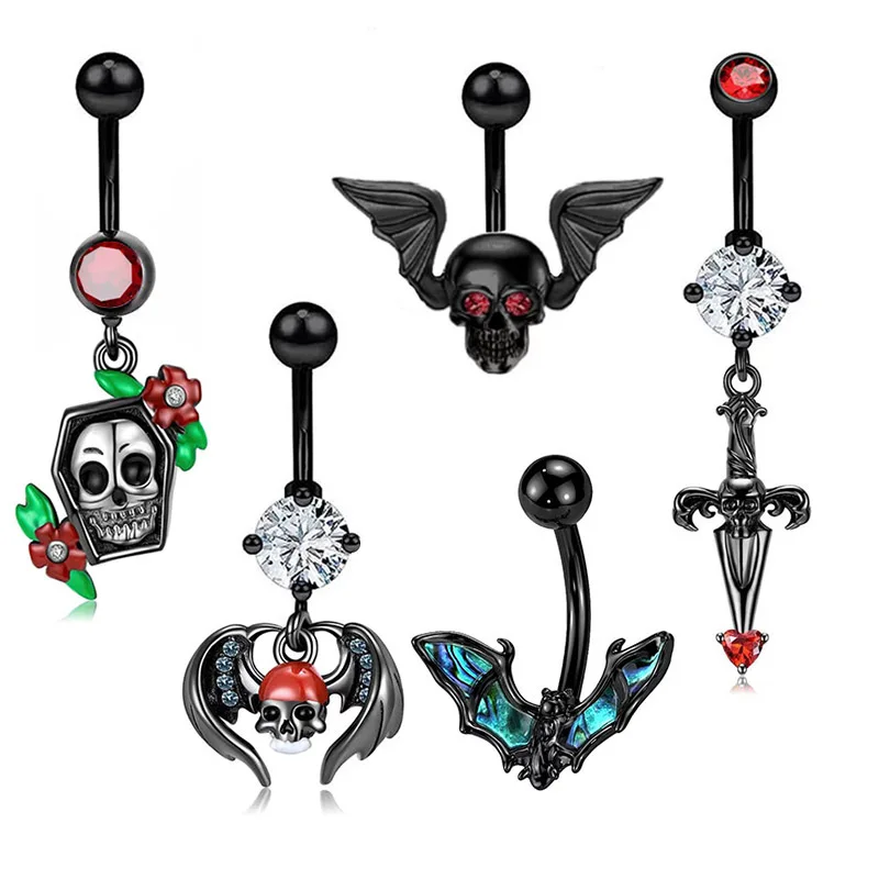 Black Claw Belly Button Rings For Women Skull Navle Piercing Heart Belly Piercing Jewelry Crystal Navel Barbell Piercing Ombligo