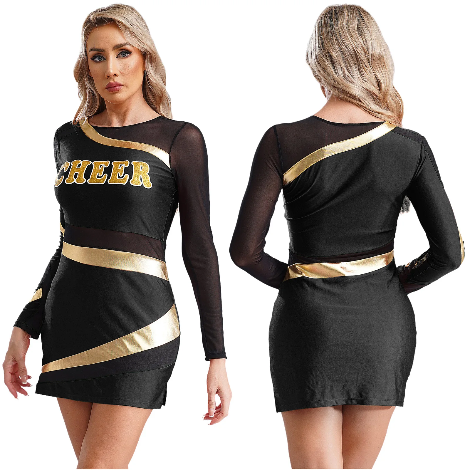 thumbnail image 1 of Vestido de carrera de conducción rápida para mujer, traje de Halloween, uniforme de porristas de manga larga, vestido ajustado de retazos metálicos de malla estampada, 1 of 5