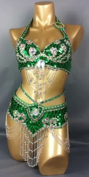 Hot Selling Women Beaded Sequins Belly Dancing Suite Belt+Bra Samba Costumes Club USA Bra Size 34B,36B,38B,40B,34D,36D,38D,40D