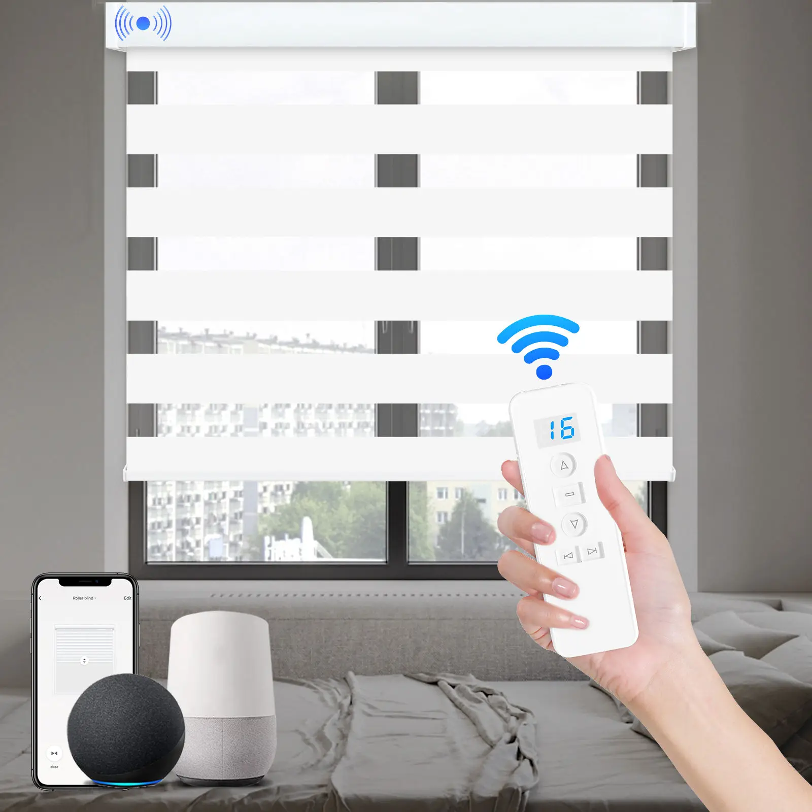 ม่านม้วนซีบร้าคุณภาพสูง ป้องกันแสง 90% ควบคุมด้วยมอเตอร์อัจฉริยะ รองรับ Alexa, WIFI และ Google สำหรับสำนักงาน ใช้ได้ทั้งกลางวันและกลางคืน 1