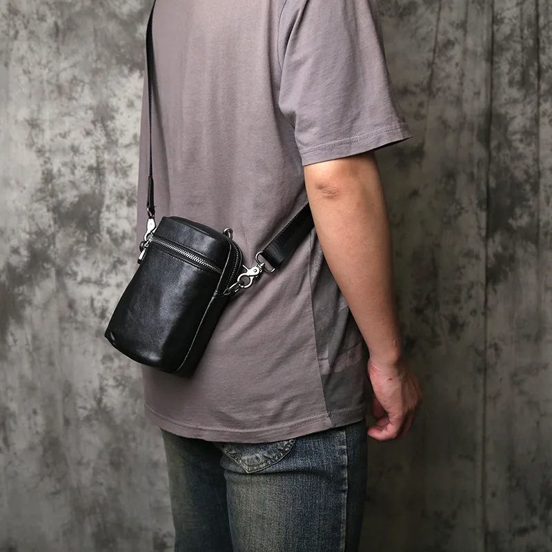 NZPJ Genuine Top Layer Cowhide Leather Men's Crossbody Shoulder Bag Casual Multifunctional Wear as Belt Waist Hanging Bag