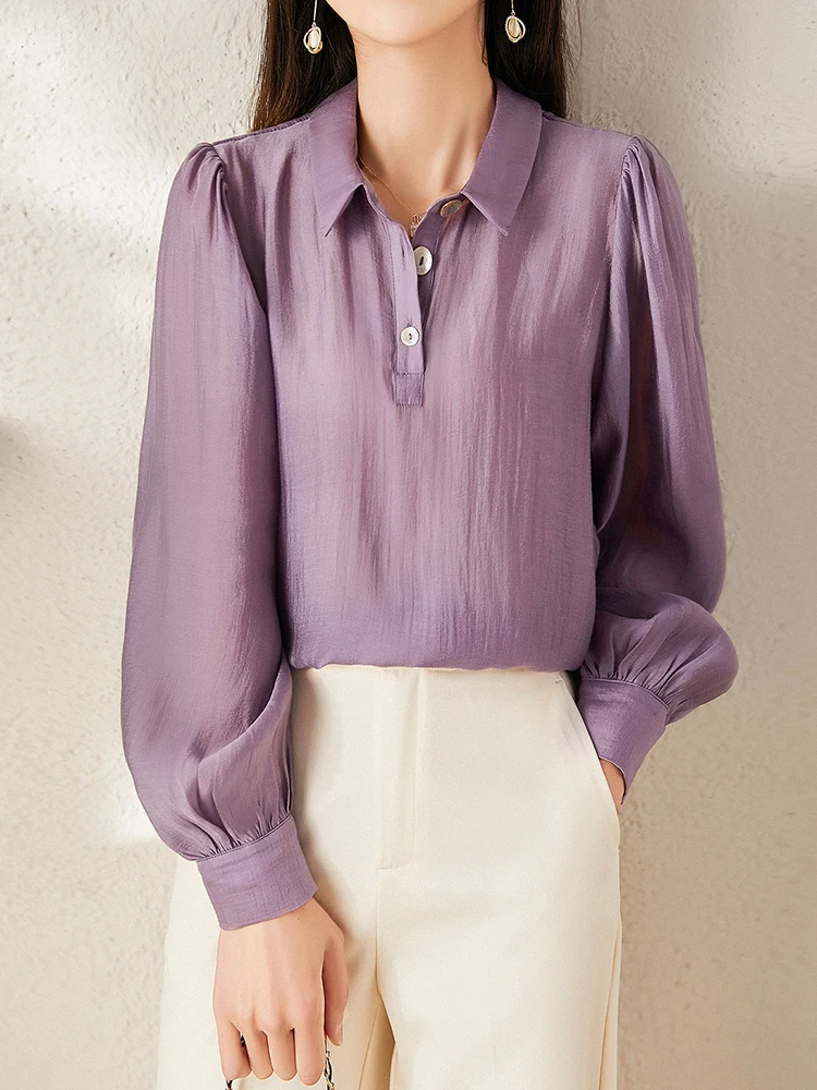 QOERLIN Stylish Button Up Bishop Sleeve Purple Shirts Turn-Down Collar Long Sleeve Tops Blouse Elegant Silk Office Ladies Blouse