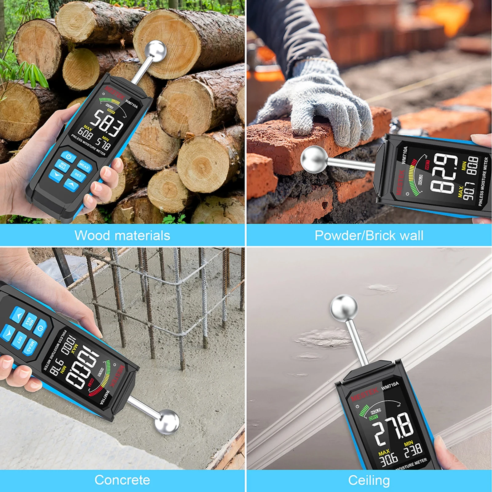 WM710A Digital Wood Moisture Meter Hygrometer Non-contact Timber Damp Detector Alarm Non-destructive Measurement Humidity Tester wood moisture meter