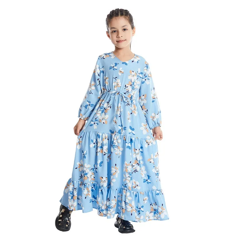 Bohemian Kids Girls Floral Dress V Neck Long-sleeved Tunic Maxi Dress Sweet Loose Comfortable Party Skirt Robe