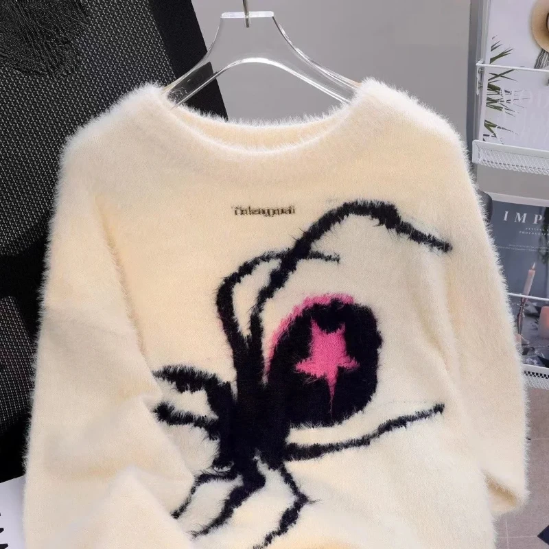 American Spider Jacquard Sweater Couple Autumn and Winter Loose Retro Soft Waxy Lazy Style Mink Velvet Knitted Sweater