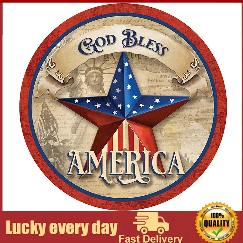 

Round Metal Tin Sign Rustic Wall Decor Wall Plaque Round God Bless America Wreath Sign, Patriotic Sign,Suitable for Home Garden