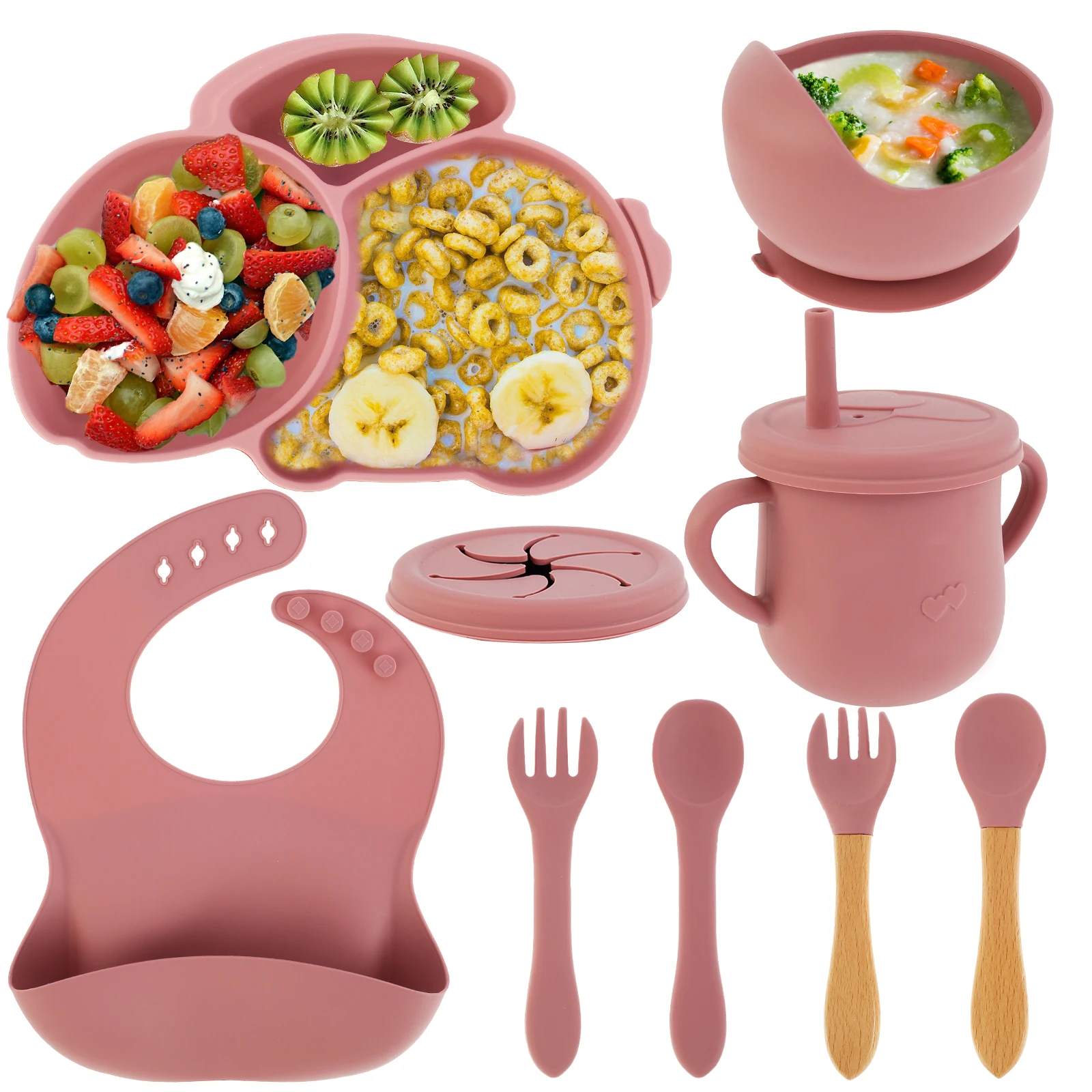 New 9 Pcs Baby Feeding Set Silicone Baby Plate and Bowl Set with