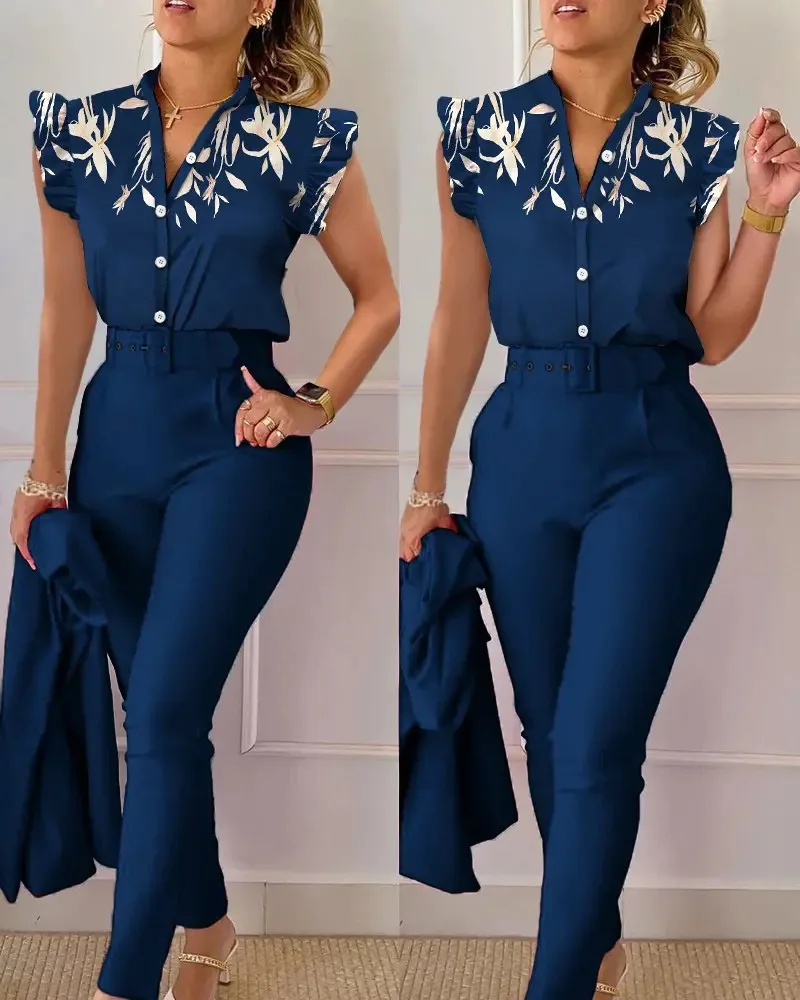 Summer Fashion Print Two Piece Set Women Casual Office Ladies Button Flying  Sleeve Shirt Pants Two Piece Set Women - Pant Sets - AliExpress