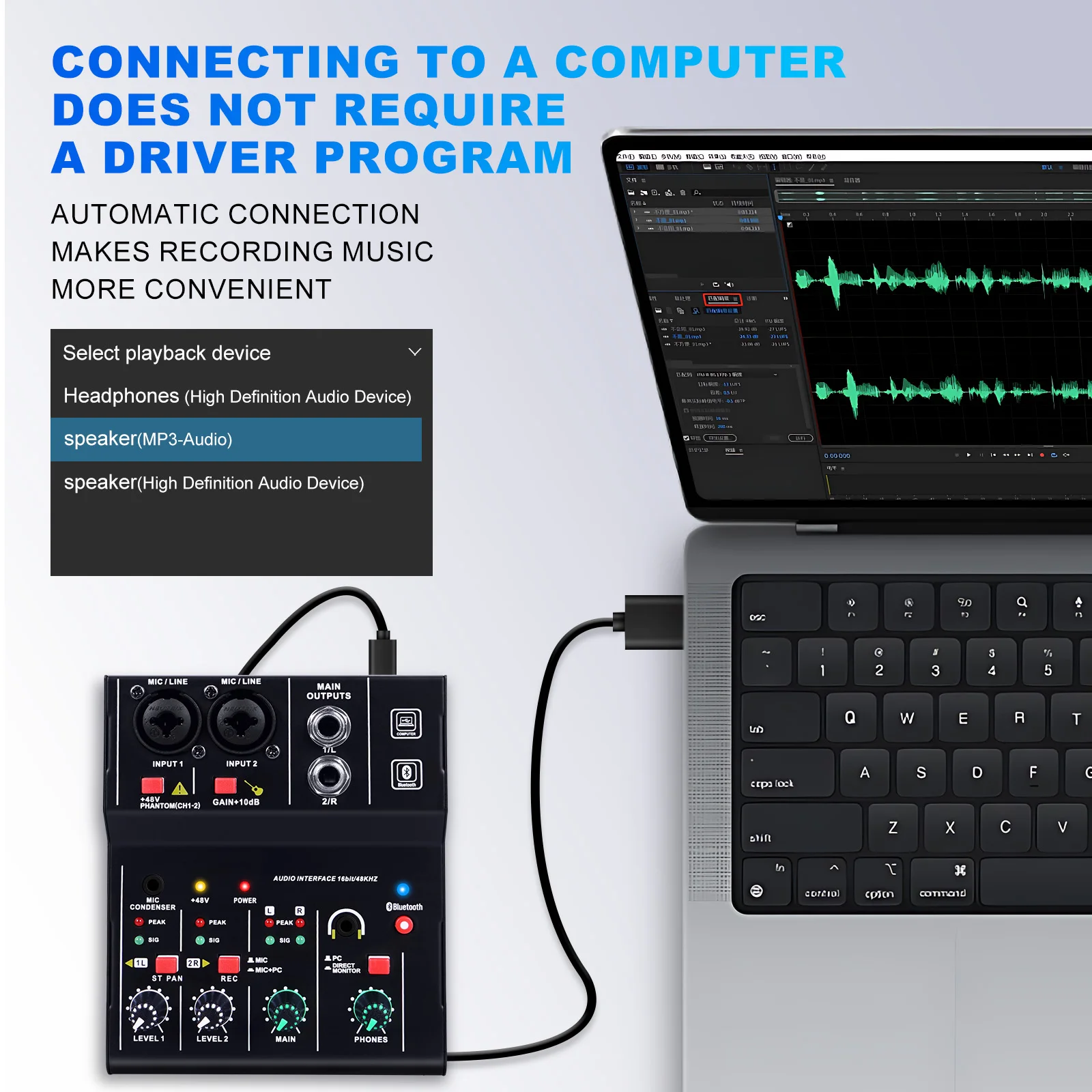 Mini Audio Mixer 2 Channels Portable Live Sound Card Board Console System 48V Phantom Power 16 BIT 48KHZ DJ Mixer