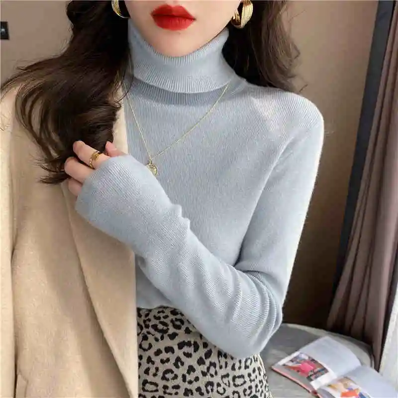 New Autumn and Winter Women's Turtleneck Long-sleeved Sweater Elegant Slim-fitting Knitwear Bottoming Shirt Solid Color Top
