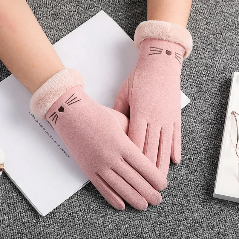 Winter Female Winter Lace Warm Cashmere Cute Cat Mittens Suede Thicken Plush Full Finger Wrist Touch Screen Driving Gloves warm gloves lace gloves cat gloves