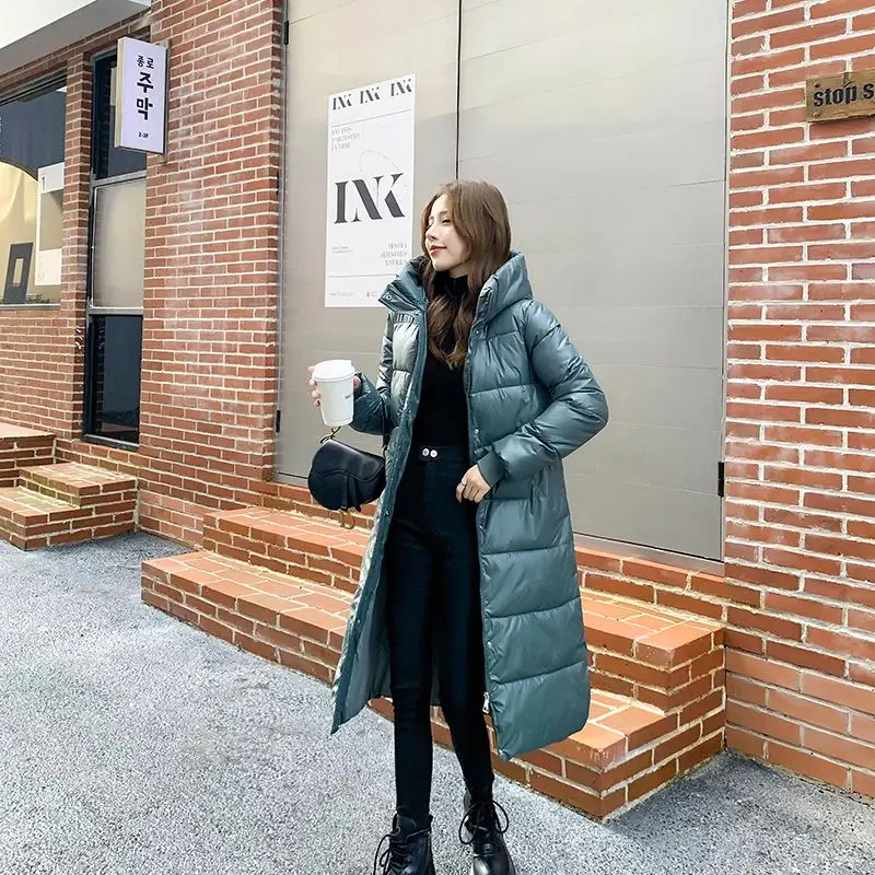 Women 2023 New Down Cotton Coat Long Knee Length Shiny Korean Version Loose Solid Color with Zipper Button Joker Age Reduction