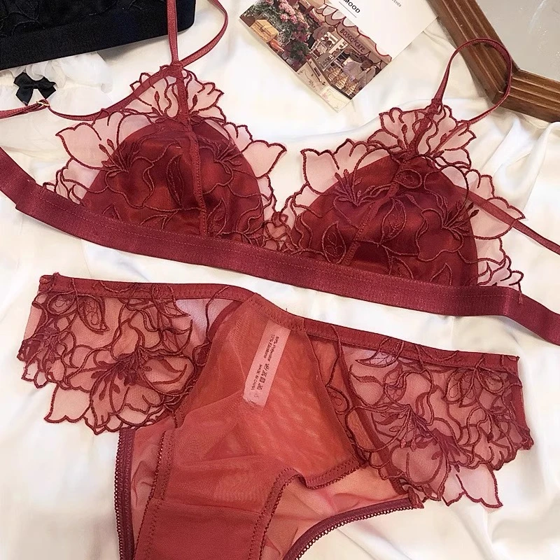 Bralette de Encaje Bordado Francés, Sujetador Triangular sin Varillas para Mujer, Conjunto de Lencería Elegante con Tirantes Finos, Cobertura para Pecho Pequeño, MOYISU