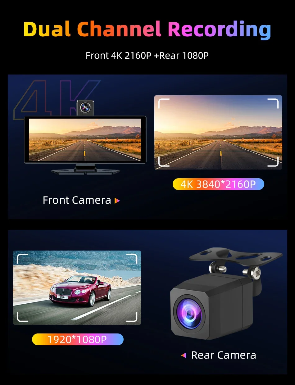Description Picture 5 of item10.26 Inch Car DVR 4K Camera 350 Degrees Rotating Lens Wireless Carplay Android Auto Screen Dashboard Video Recorder Navigation