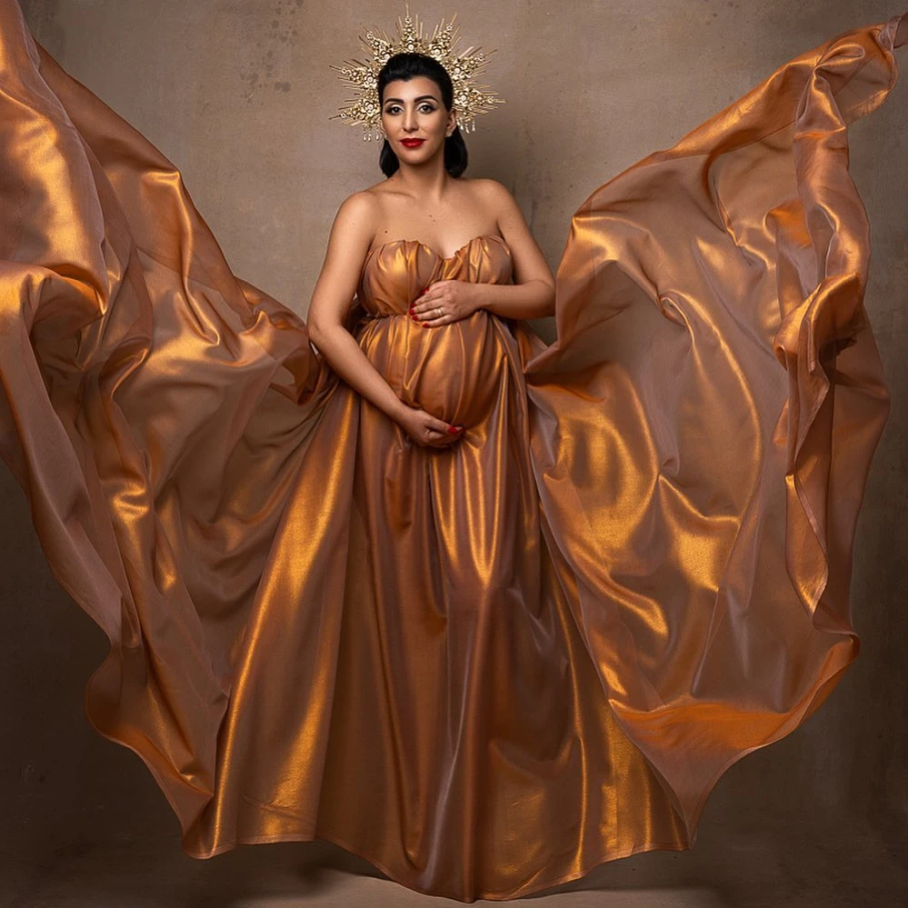 Sexy Gold Satin Maternity Photo Shoot Robes Shiny Sweetheart Sleeveless Baby Shower Gowns Sweep Train Pregnant Women Dresses