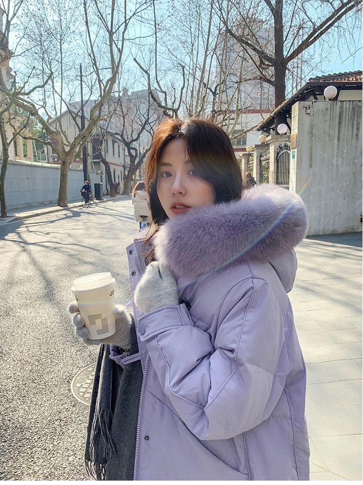 New Winter Fashion European American Women Down Coat High End Warm White Duck Down Female Coat Solid Hooded Coat