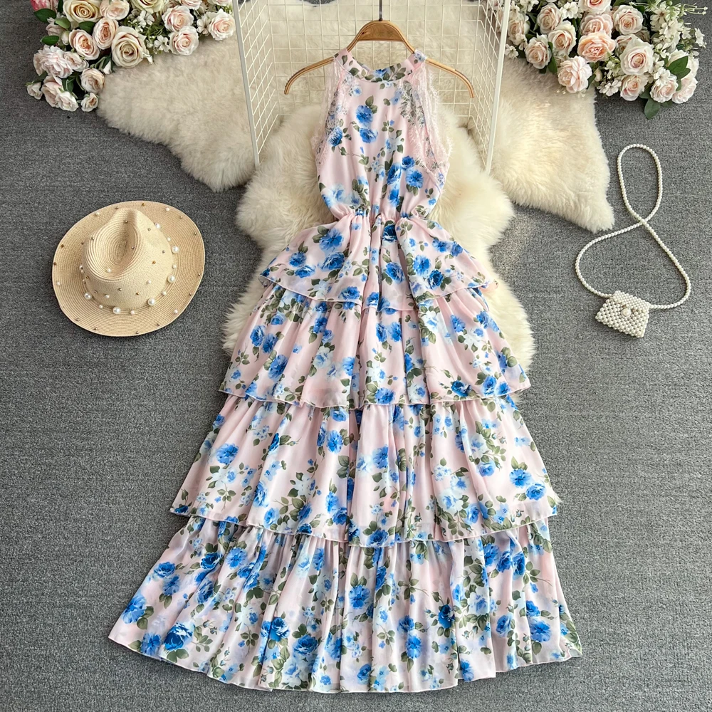 

Summer Women Sexy Halter Sleeveless Lace Patchwork Ruffle Dress Female Elegant Vacation Beach Floral Printed Tierred Robe New
