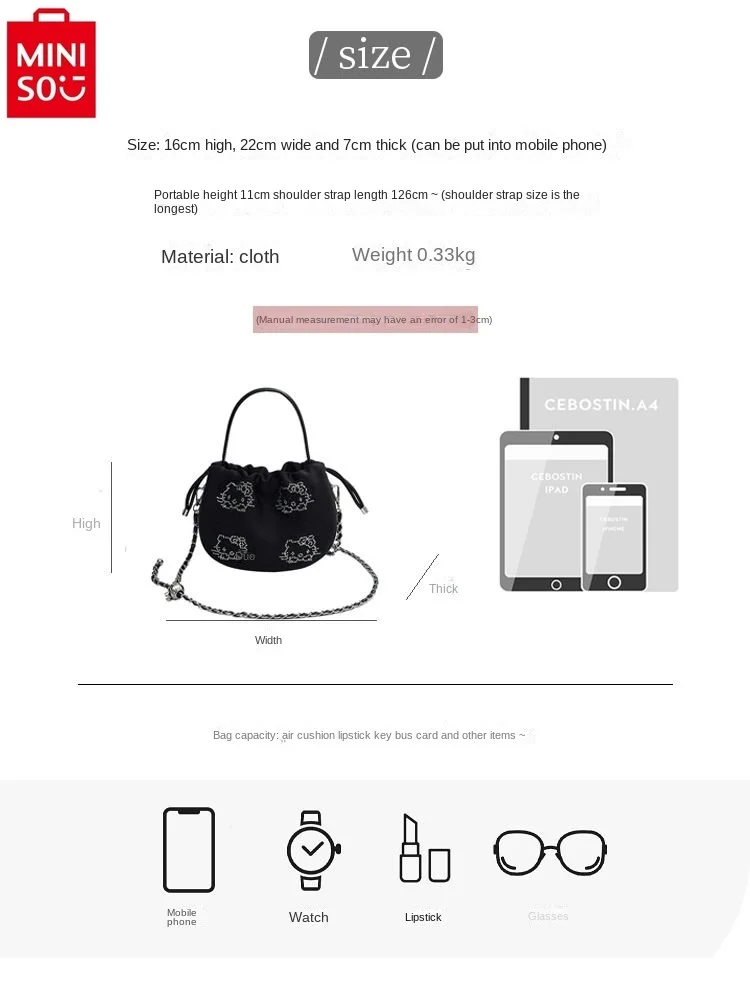 MINISO Hello Kitty Fashion Hot Diamond Chain Shoulder Bag Women's High Quality Versatile Storage Handbag