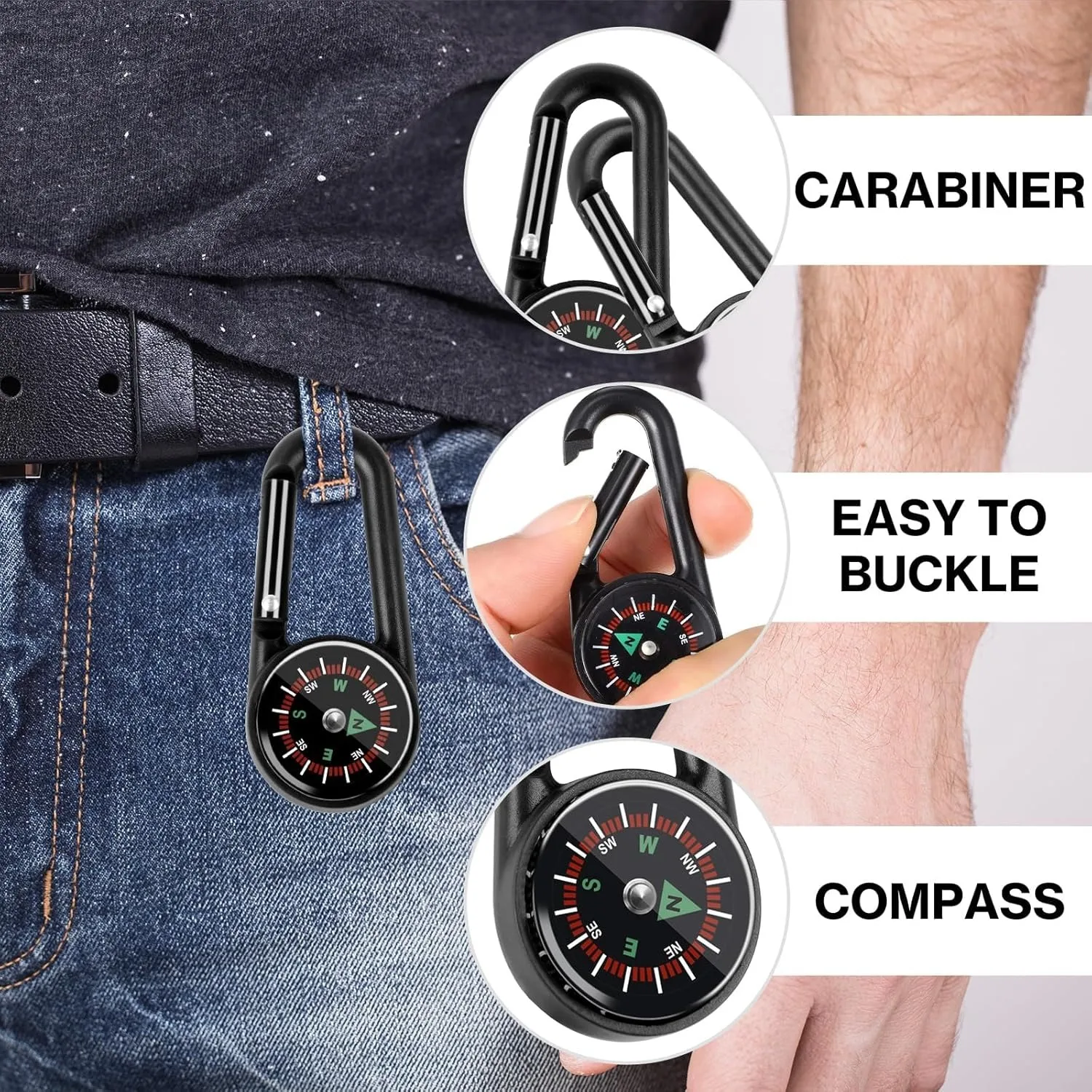 3-in-1 Mini Compass Thermometer Carabiner Clip β Outdoor Hiking Survival Key Ring 5