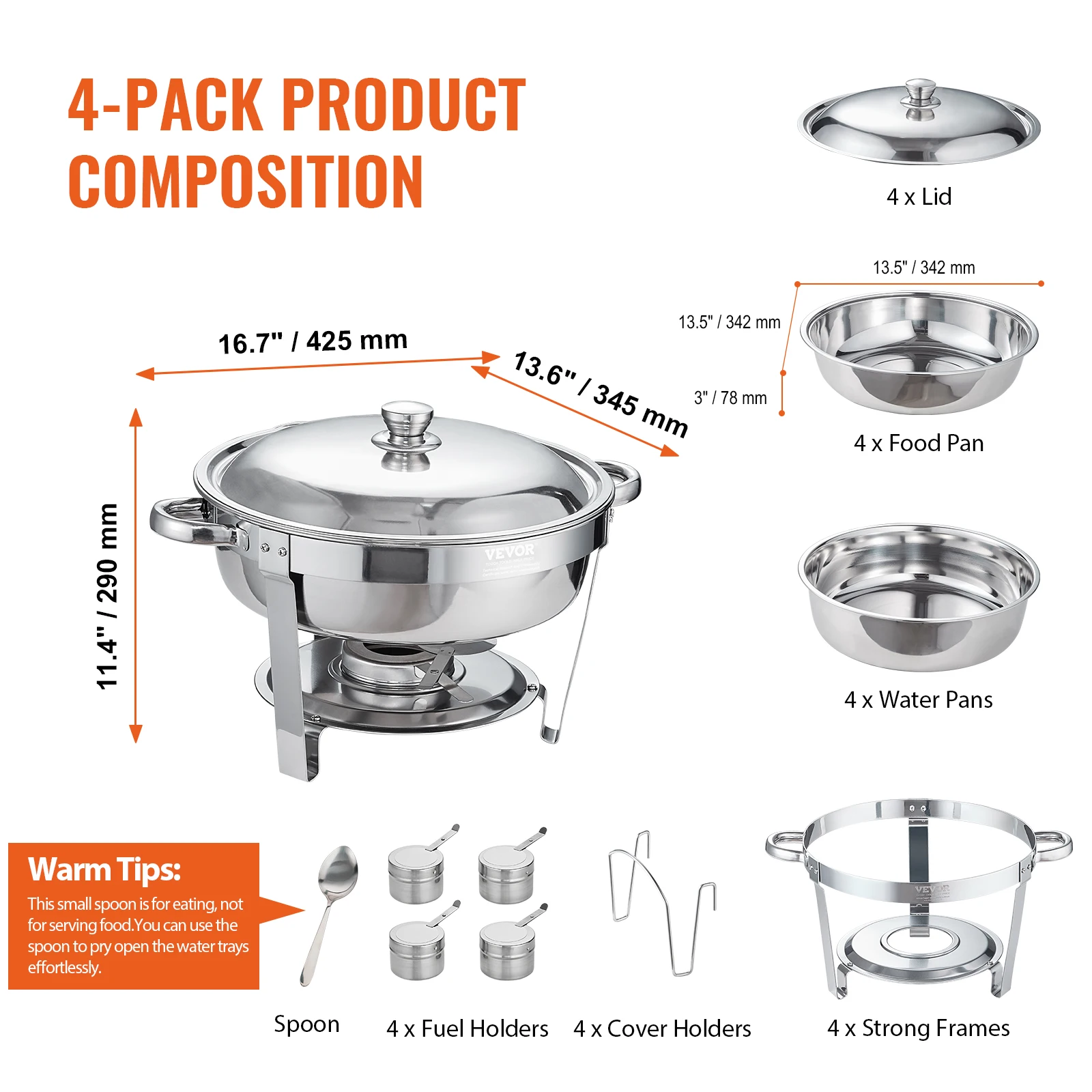 6 Qt 4 Pack Round Chafing Dish Buffet Set Stainless Steel Catering Warmer Server with Lid Water Pan chafing dish