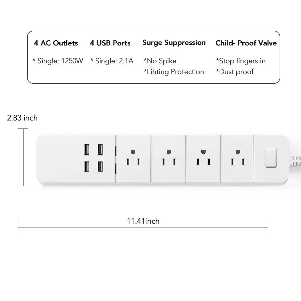 Description Picture 3 of itemWiFi Smart Tuya Power Strip USB Surge Protector 4 US Outlet Plug Socket 1.8m Extension Cord Remote Control by Alexa Google Home