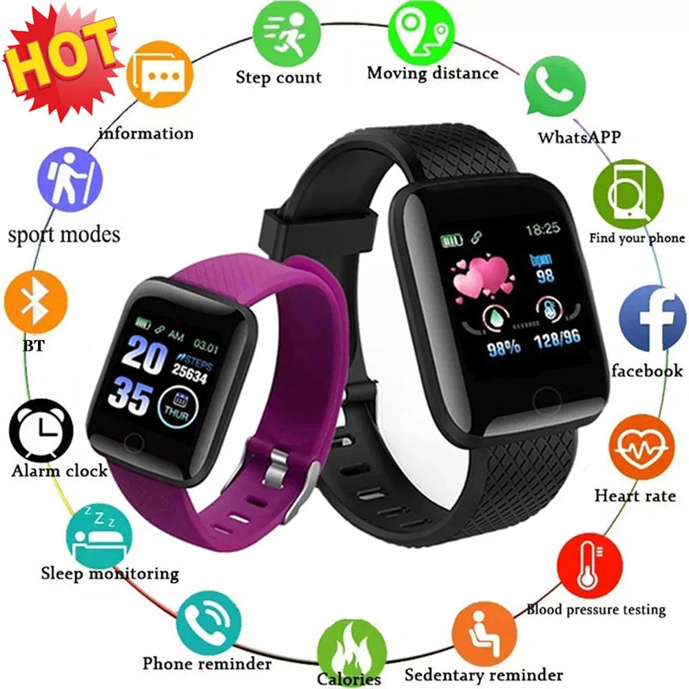 남녀공용 스포츠 스마트워치 블루투스 손목 밴드, 심박수 및 혈압 모니터, 안드로이드 및 IOS 116 플러스